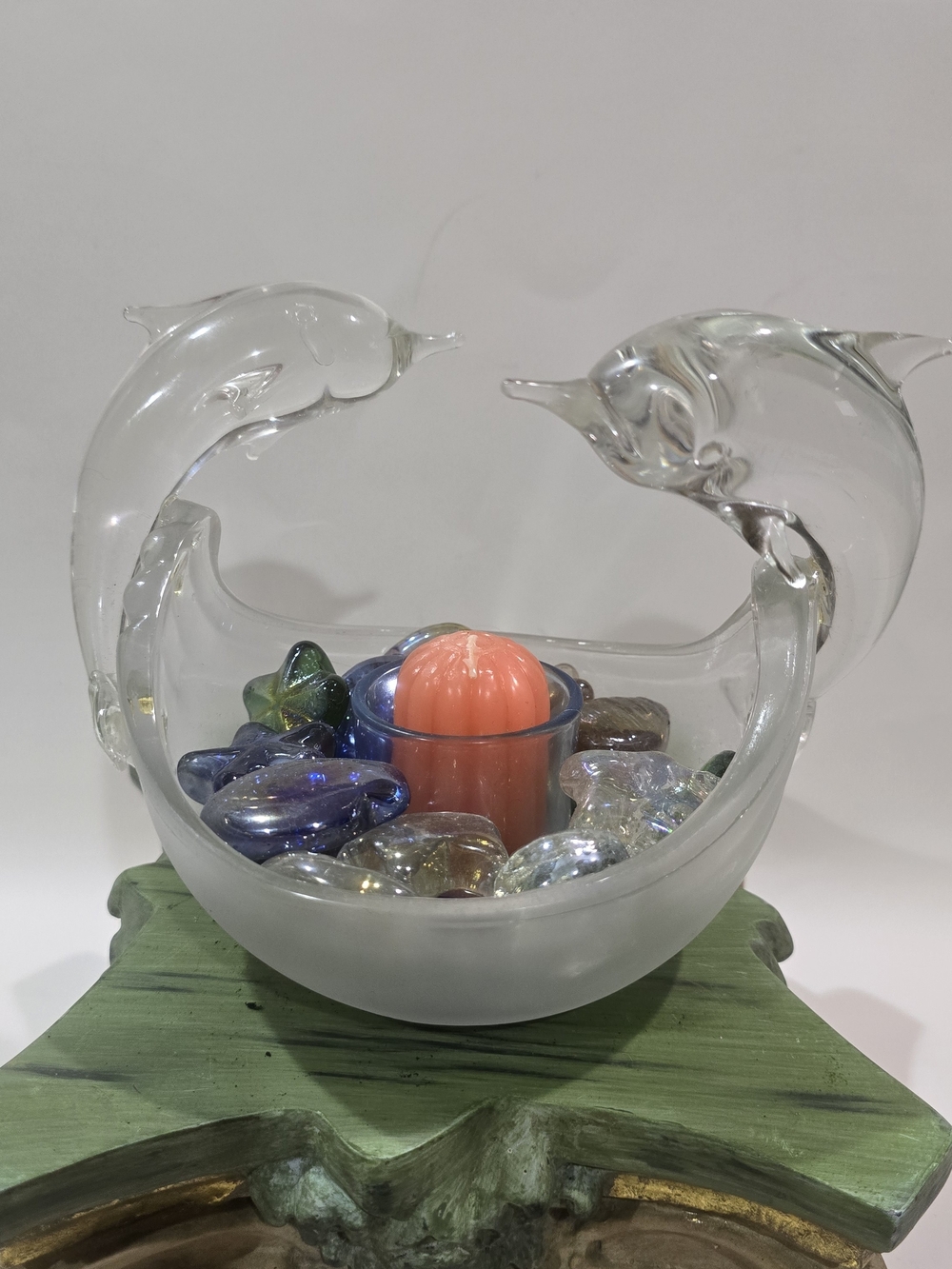 Handblown Glass Dolphin Bowl with Coral Accent Candle